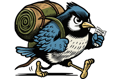 A cartoon bird with a colorful backpack, flying happily against a bright blue sky