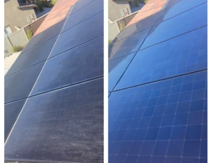 Before and after cleaning of solar panels showing pristine clean solutions