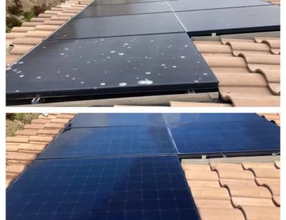 Before and after cleaning of solar panels showing pristine condition.