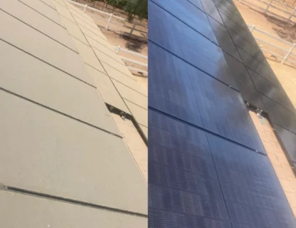 Comparison of solar panels before and after cleaning, showcasing pristine clean solutions.
