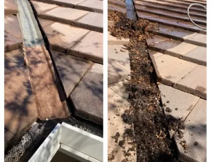 Before and after cleaning of roof gutter showing debris removal